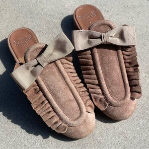 Laurence Dacade Paris Adorable Pink Mules with Bow Ruffles Semelle Cuir Sz 35.5